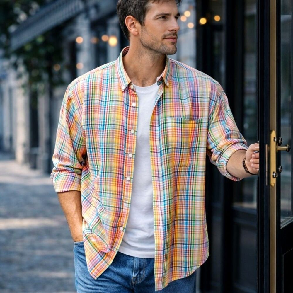 Enro Men’s XXL Rainbow Button Down Shirt Plaid Non-Iron 100% Cotton Tailored